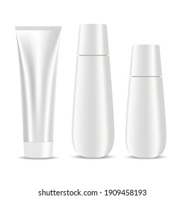 Cosmetic shampoo bottle cream tube white vector blank. Isolated cosmetic package design template, plastic container set for bath product. Body moisturizer, liquid soap or milk, face mask illustration