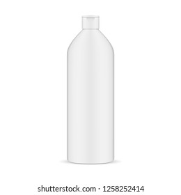 Cosmetic Shampoo Bottle White Vector Illustration. Matte Plastic Packaging for Gel, Body Milk, Moisturizer, Soap, Foam. Realistic Round Medical Container Isolated on White. Buty Merchandize Pack.