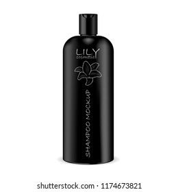 Cosmetic shampoo mockup bottle in black color isolated on white. Realistic 3d cosmetics package design with logo in it. Vector illustration.