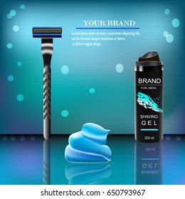 Cosmetic shaving gel on colorful blue background. EPS 10 vector.