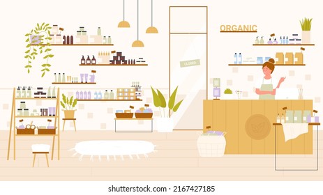 Cosmetic Shop Or Beauty Department Store With Skincare And Makeup Eco Products On Wooden Shelves In Shopping Mall Vector Illustration. Cartoon Female Seller Waiting Client At Counter Background