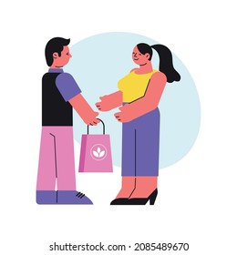 Cosmetic shop composition with doodle man giving shopping bag to happy woman vector illustration