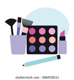 Cosmetic Shop Composition With Face Paint Palette Box Lipstick And Pencil With Brushes Vector Illustration