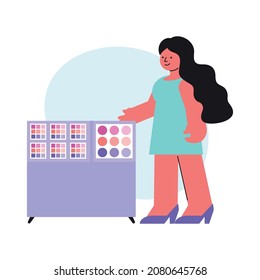 Cosmetic shop composition with female character of shop assistant with cabinet and palette vector illustration