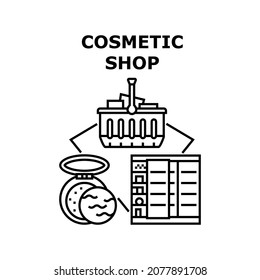Concepto de icono del vector de la tienda cosmética. Tienda Cosmética Que Vende Crema Y Loción De Cuidados De La Piel Naturales, Shampoo Y Polvo, Esencia De Jabón Y Aceite, Polaco Perfume Y Nail. Cosmetology Store Black Illustration