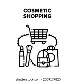 Cosmetic Shopping In Store Vector Icon Concept. Cosmetic Shopping Buying Beauty Accessories Lipstick And Brush, Fashion Bag And Cosmetology Products. Shop Cart For Carrying Goods Black Illustration