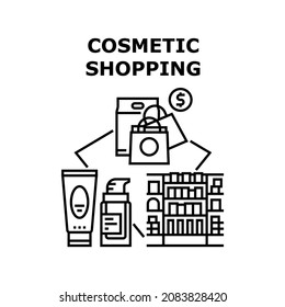 Concepto de icono vector de tienda de compras cosmética. Tienda de compras cosméticas. El Cliente Elige Un Paquete De Crema O De Loción En Las Estanterías De Tiendas Y Compras. Ilustración negra de descuento en venta