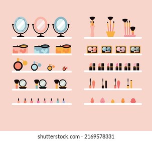 Cosmetic showcases, shopping, market, cosmetics store inside, beauty store interior, makeup shop with cosmetic products, makeup tools in bottles in store shelves. Flat vector illustration, makeup set