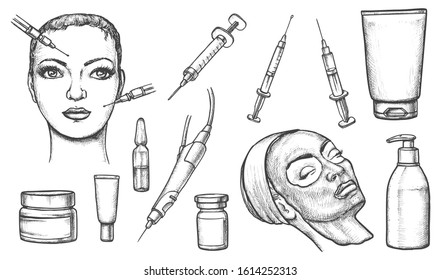 Cosmetic sketches. Set of isolated woman face with botox injection, cosmetic mask and syringe, lotion or gel bottle, ointment or salve. Skincare and dermatologist, medical beauty care, spa salon