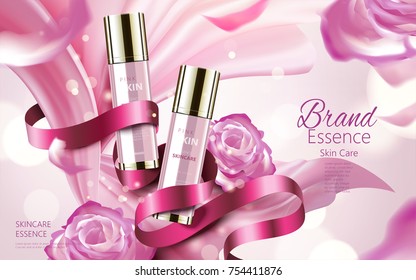 Anúncios cosméticos cuidados com a pele, garrafas rosa conjunto com chiffon sedoso tremulando e fitas isoladas em bokeh fundo brilhante, ilustração 3D, elementos decorativos florais