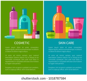 Cosmetic and skin care banners vector illustration isolated on green and blue backgrounds white text sample various colorful vials, lot of reflections