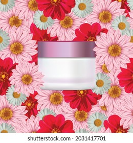 Cosmetic skin care product mock up advertising template on colorful flowers in background. Pink round jar packaging with blank label for branding. Vector and illustration design.