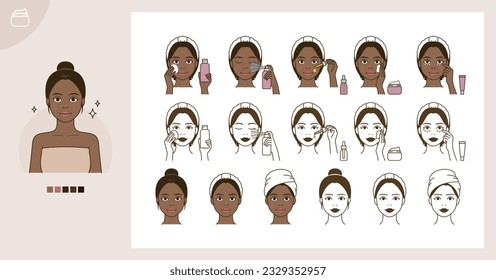 Cosmetic skin care routine_applying toner, lotion, cream, mist, oil_African black woman(girl)