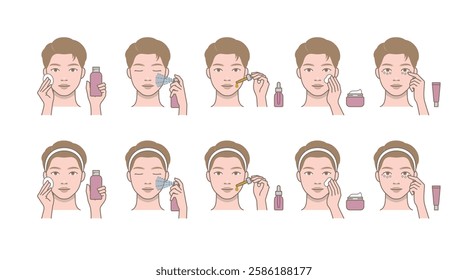 Cosmetic skin care routine_Attractive man applying a toner, mist spray, ampoule, lotion, eye cream. Male portrait grooming.