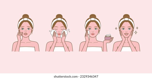 Cosmetic skin care routine_washing face, applying lotion_Westerner woman(girl)