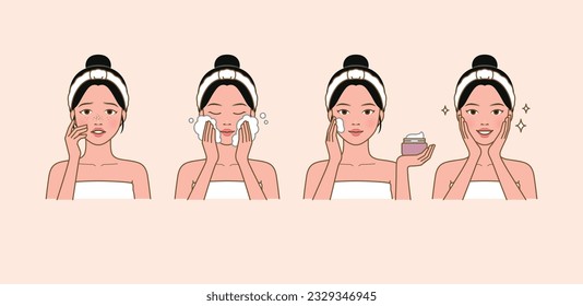 Cosmetic skin care routine_washing face, applying lotion_North Asian woman(girl)