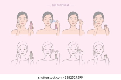 Cosmetic skin care routine_woman(girl) applying a toner, mist spray, ampoule, lotion, cream