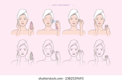 Cosmetic skin care routine_woman(girl) applying a toner, mist spray, ampoule, lotion, cream