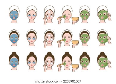 Cuidados de piel cosméticos rutinarios mujer(niña) usando mascarilla de hojas faciales, paquete de modelado