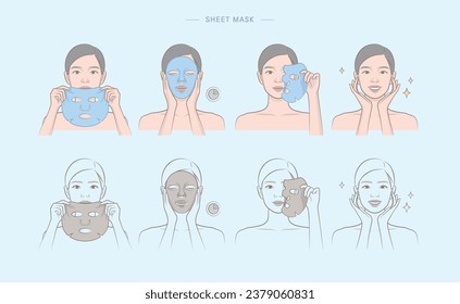 Cosmetic skin care routine_woman(girl) using face sheet mask