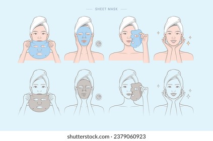 Cosmetic skin care routine_woman(girl) using face sheet mask svg