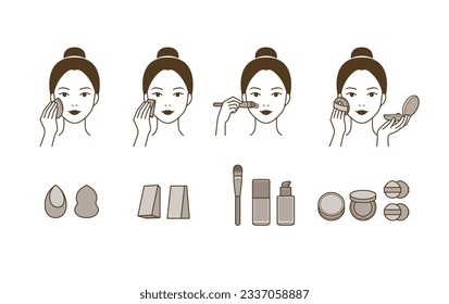 Cosmetic skin makeup (base make-up) with sponge, brush, foundation, compact, foundation