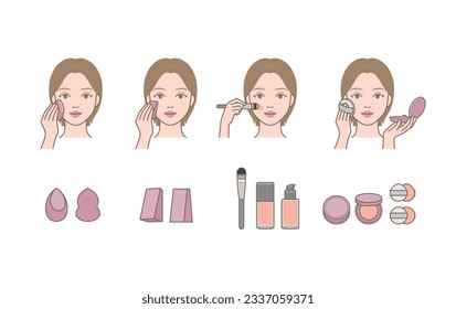 Composición de piel cosmética (maquillaje base) con esponja, cepillo, cimiento, compacto, cimiento