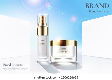 Cosmetic skincare ad on blue sky and modern white wall background in 3d illustration