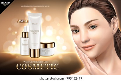 Cosmetic skincare ads, moisture soothing products with a beautiful model isolated on glittering background in 3d illustration