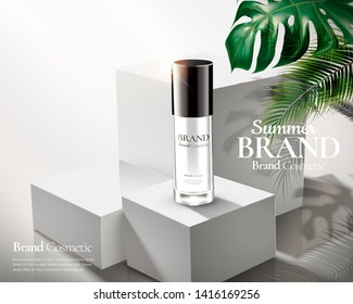 Cosmetic skincare ads on white square stage with tropical leaves in 3d illustration