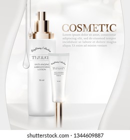 Cosmetic and Skincare ads, package design with bokeh light effect,3d illustration on white background