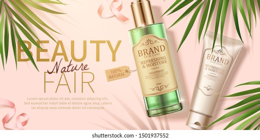 Cosmetic skincare ads with palm leaves and ribbons in 3d illustration