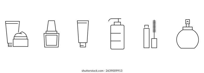Cosmetic skincare beauty hygiene lotion tube pump perfume nail polish makeup container set line icon vector illustration pack.