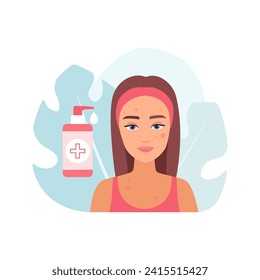 Cosmetic skincare and cleansing for skin with acne, young woman with pimply face and bottle of gel vector illustration