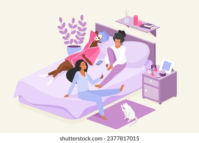 Cosmetic skincare and makeup routine of girls on pajama party or sleepover vector illustration. Cartoon young three female friends apply nail polish and natural face mask, gossip and talk together