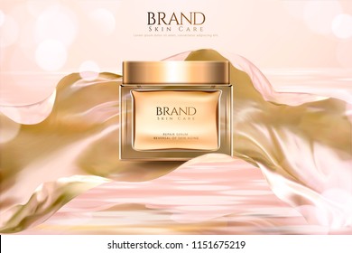 Cosmetic skincare product ads with glass jar and flowing satin on glitter background in 3d illustration