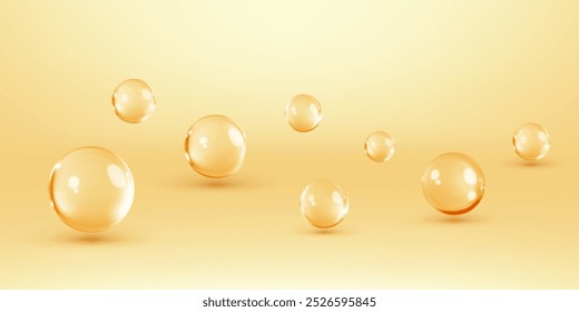 Fondo cosmético del producto del cuidado de piel. Fondo Abstractas con esferas 3D dinámicas. Ilustración vectorial de bolas brillantes. Anuncio o cartel Horizontal