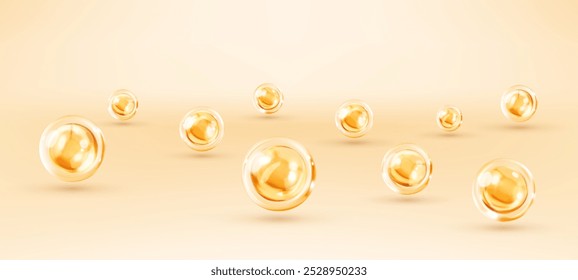 Cosmetic skincare product background. Liquid drops, cosmetic serum, gel or collagen texture. Abstract background with dynamic 3d spheres. Vector illustration of glossy balls