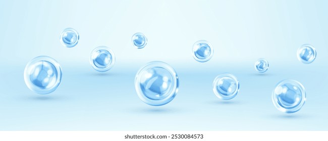 Produto cosmético de cuidados com a pele. Gotas líquidas, soro cosmético, gel ou textura de colágeno. Fundo abstrato com esferas 3d dinâmicas. Banner ou cartaz horizontal de ilustração vetorial