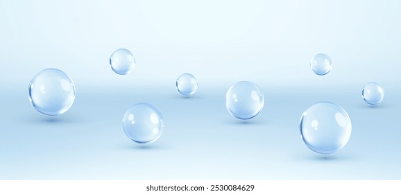 Fondo cosmético del producto del cuidado de piel. Gotas líquidas, suero cosmético, gel o textura de colágeno. Fondo Abstractas con esferas 3D dinámicas. Ilustración vectorial Anuncio Horizontal o cartel