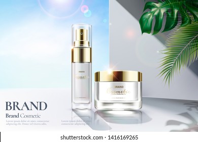 Cosmetic skincare set ads with strong sunbeam and clear white wall background in 3d illustration