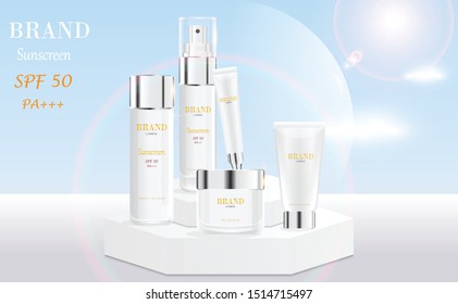 Cosmetic skincare set ads with strong sunbeam and clear white wall background in 3d illustration