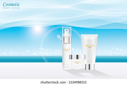 Cosmetic skincare set ads with strong sunbeam and clear white wall background in 3d illustration