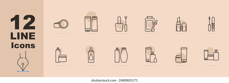 Cosmetic and skincare set icons including lotion bottle, cream jar, makeup brush, soap dispenser, perfume bottle, lipstick, and nail polish. Vector line icons on a beige background
