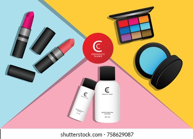 Cosmetic and skincare set on colorful background graphic vector illustration