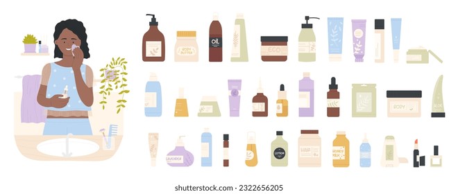 Cosmetic skincare set vector illustration. Cartoon isolated female character holding jade guasha and bottle of oil to massage skin, collection of containers with cosmetic products for face and body