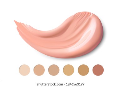 Cosmetic smear stroke. Liquid foundation smudge . Make up smear isolated on white background. Makeup concealer paint. 3d vector tone promo for different skin color types