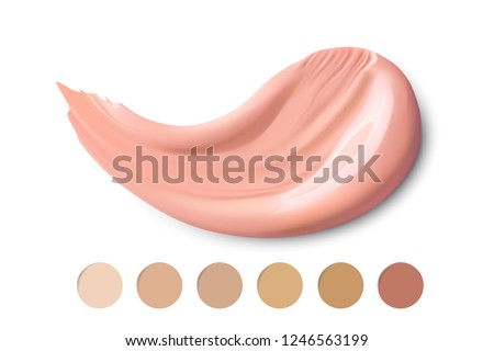 Cosmetic smear stroke. Liquid foundation smudge . Make up smear isolated on white background. Makeup concealer paint. 3d vector tone promo for different skin color types
