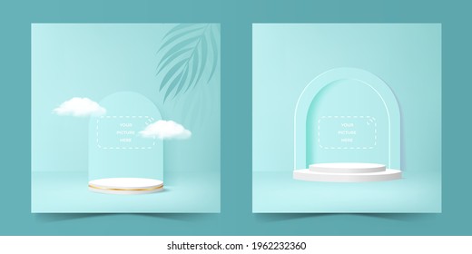 Cosmetic Social Media Marketing Template With Podium. Editable Square Social Media Post For Promotion. 3d Vector Illustration.