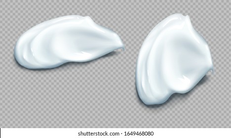 Kosmetische oder saure Sahne-Abstrich realistische Satz von Vektorgrafiken. Kosmetische Gesichtsmaske oder Serumstrukturschmuckswatch, schwere Pfütze mit Jogurt oder Hüttenkäse einzeln auf transparentem Hintergrund